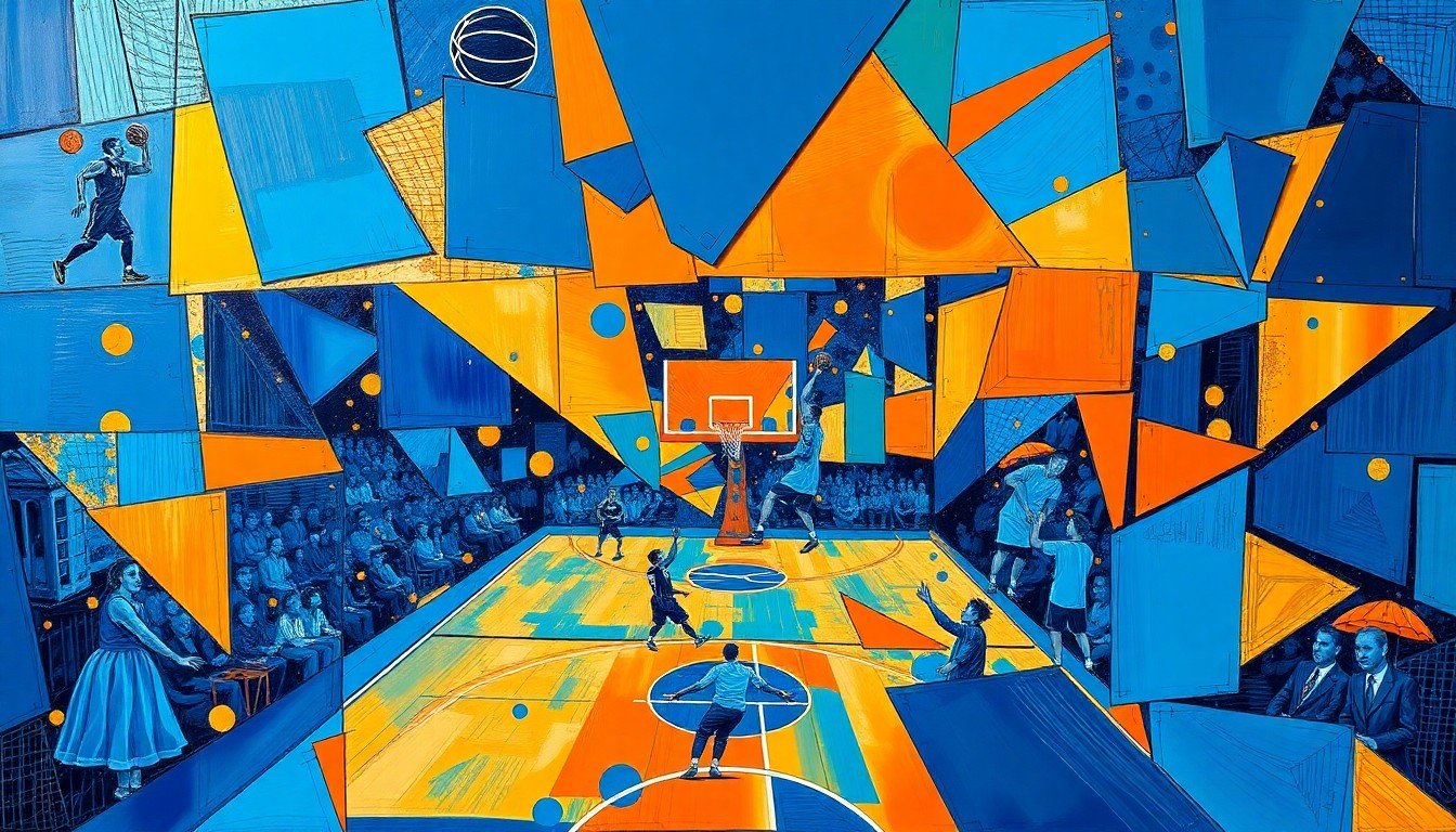 A cubist, geometric painting depicting a basketball game or match, with the players and court broken down into sharp, overlapping planes of color in a vibrant palette, conveying the energy and excitement of the sport.