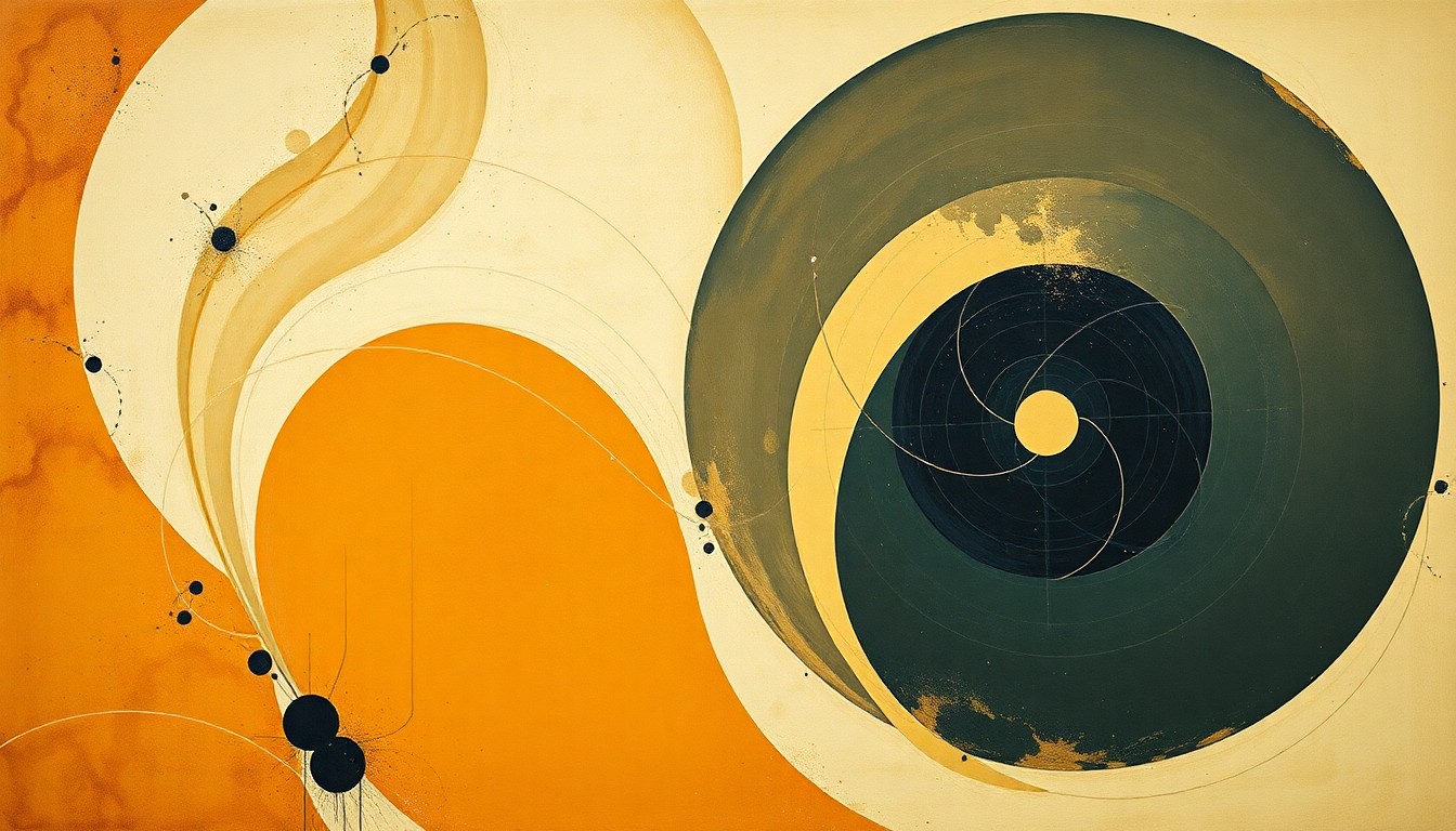 A highly structured abstract painting in earthy tones, featuring sweeping geometric arcs, concentric circles, and precise botanical spirals, conveying the complex forces and concepts of space exploration without using any text or symbols.