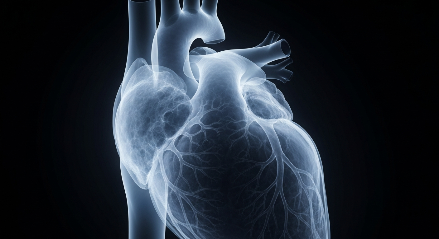 A translucent, ghostly X-ray photograph of a human heart, its intricate internal structures glowing softly against a dark background, conceptually representing the healthcare challenges facing Louisiana's state-recognized Native American tribes.