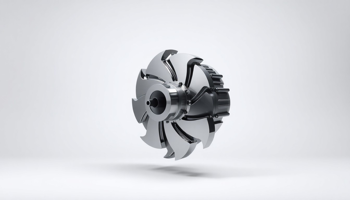 A photorealistic studio still-life image of a polished, chrome-plated centrifugal pump impeller floating on a clean, white background, representing the advanced engineering and precision of NETZSCH's mining pump solutions.