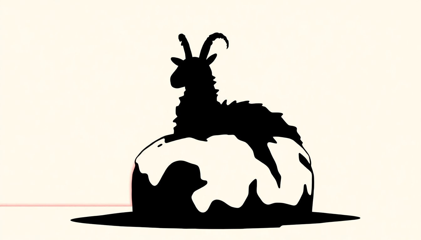 An abstract composition of stark black silhouette shapes representing a distorted, unsettling Easter lamb cake against a high-contrast background of solid red and white colors, conveying the creepy and humorous nature of the viral baking story.