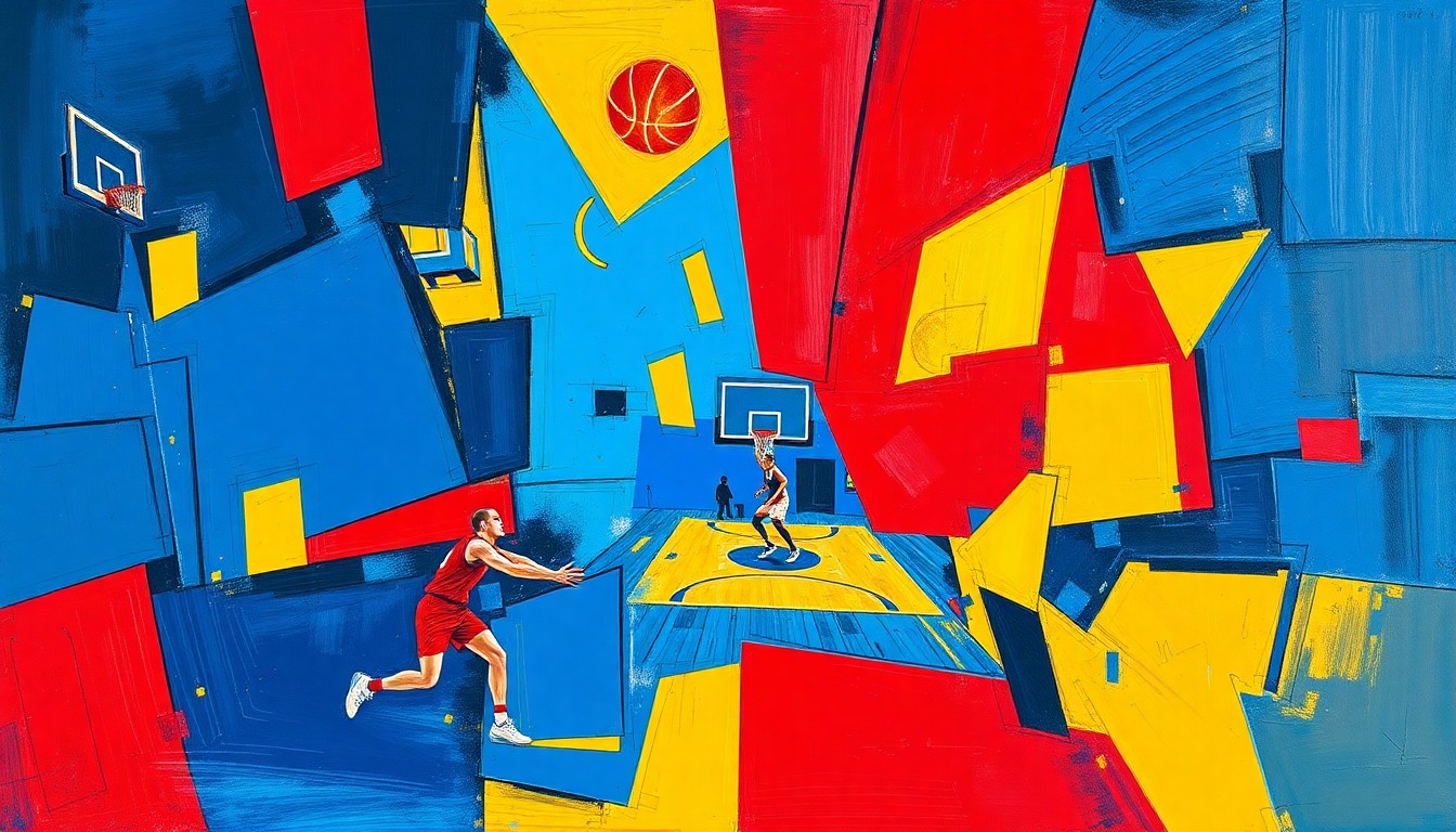 A cubist-style painting featuring fragmented geometric shapes in shades of blue, red, and yellow, capturing the dynamic energy and movement of a basketball game or competition.