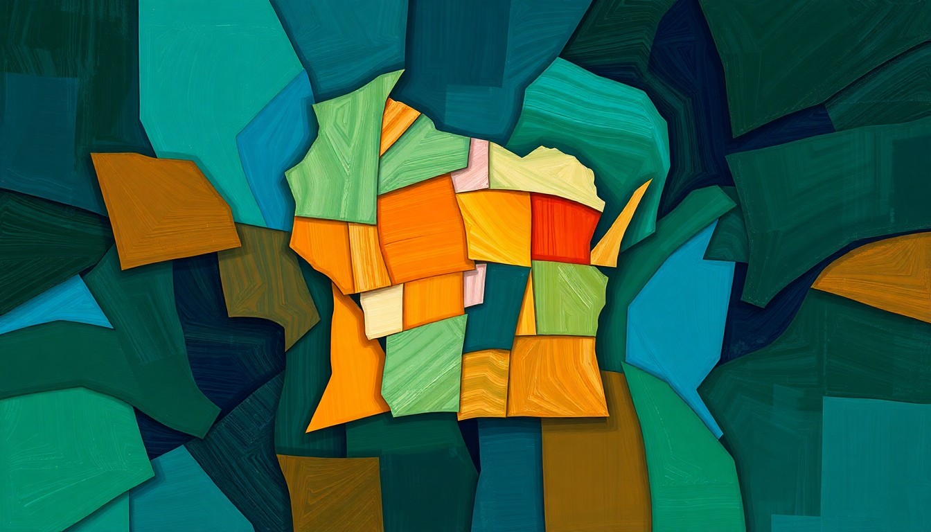 A fractured, abstract painting in shades of blue, green, and orange, depicting a stylized ballot box or voting machine, conveying the chaotic and uncertain nature of Wisconsin's election procedures.