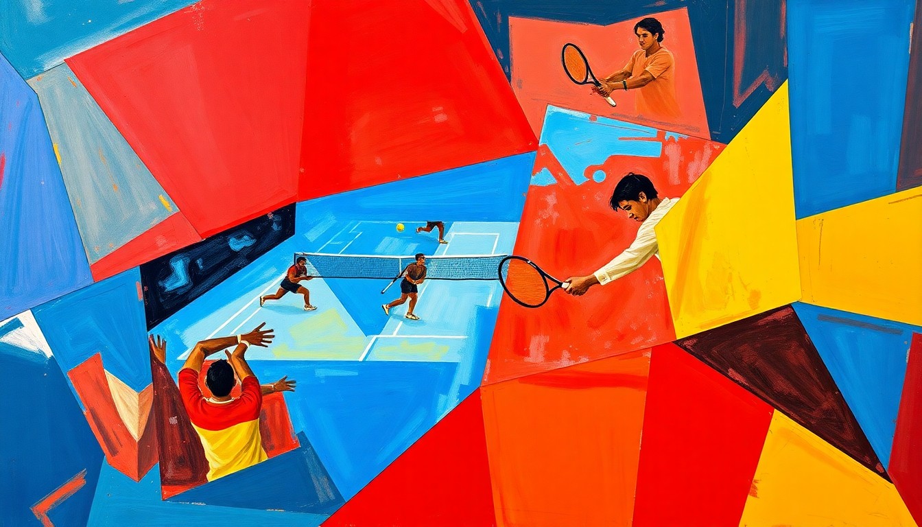 A fractured, cubist-style painting depicting a tennis match, with the players and court broken down into sharp, overlapping geometric shapes in vibrant colors of red, blue, and yellow.