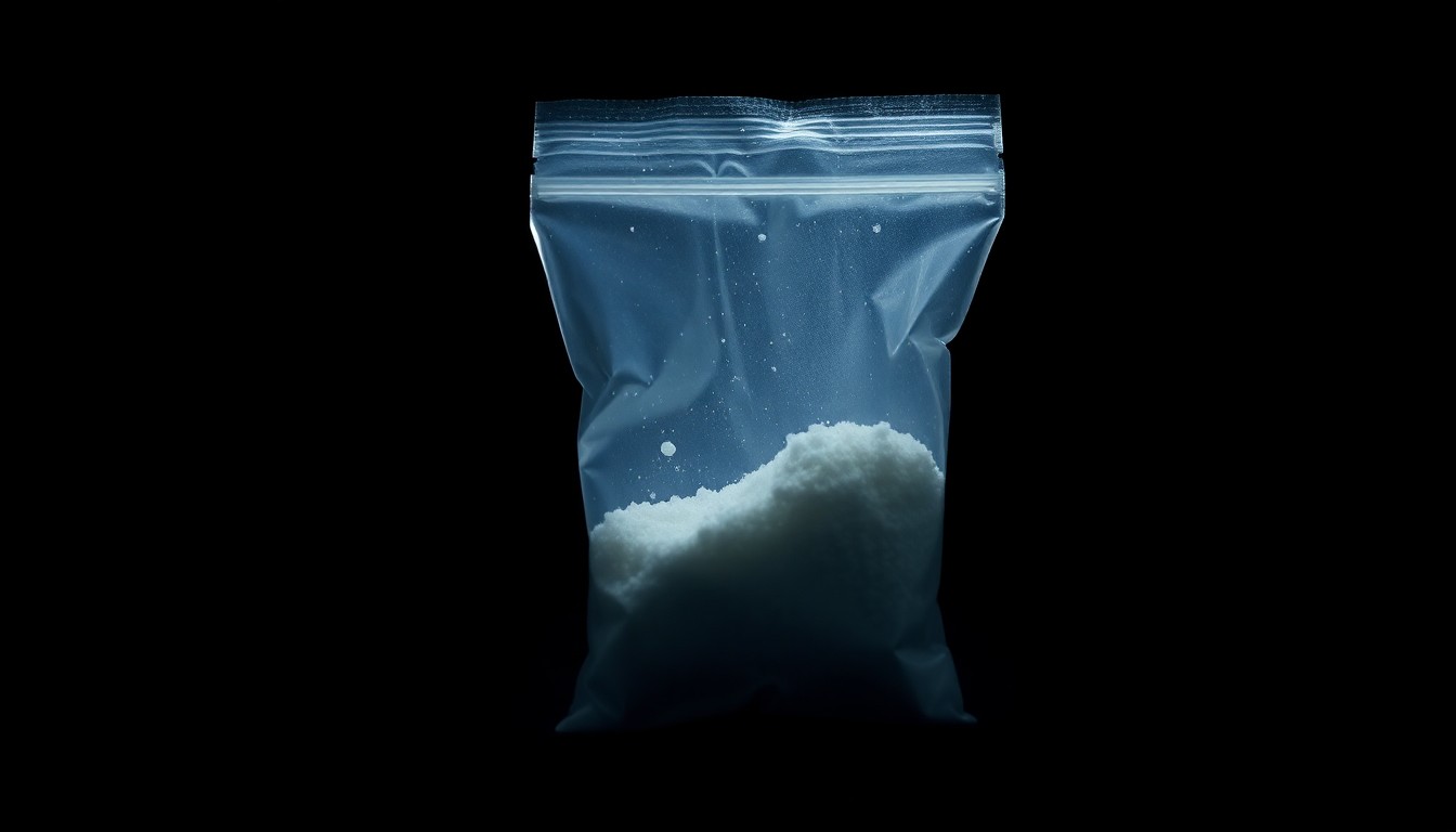 An extreme close-up photograph of a small plastic bag containing a white crystalline substance, creating a stark, gritty, investigative aesthetic through the use of harsh, direct flash lighting against a pitch-black background.