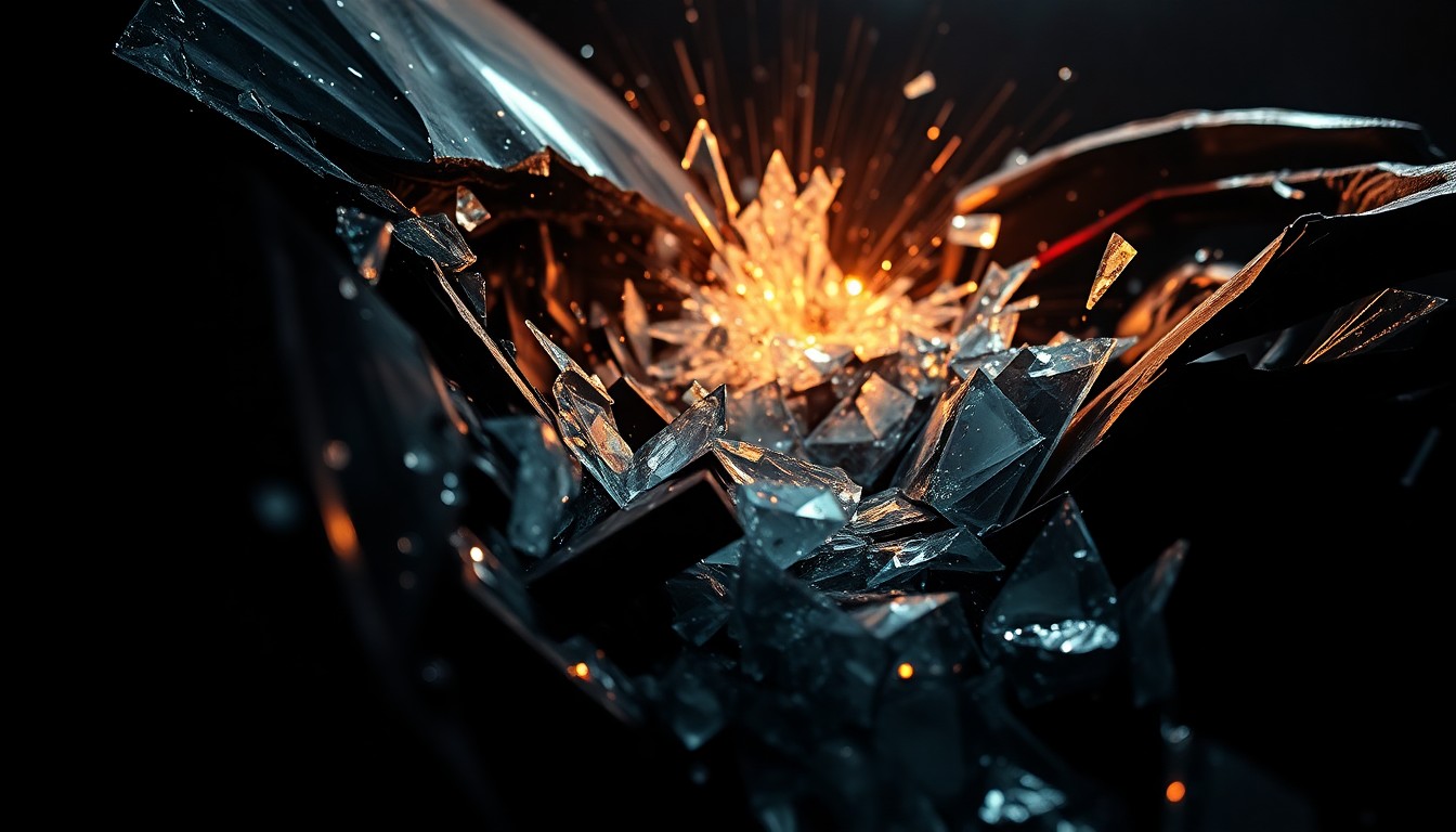 An abstract close-up photograph of shattered glass and crumpled metal, captured in dramatic high-contrast lighting to convey a sense of tension and fragility surrounding a car accident.