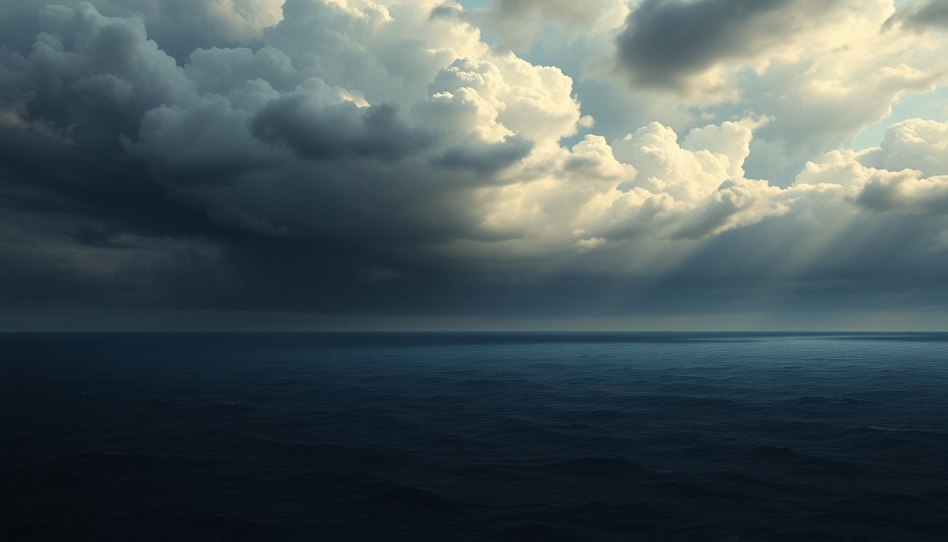 A sweeping, atmospheric landscape painting in muted tones of gray, blue, and green, with a turbulent, stormy sky dominating the frame and obscuring the distant horizon, conveying a sense of the overwhelming power and scale of the natural world.