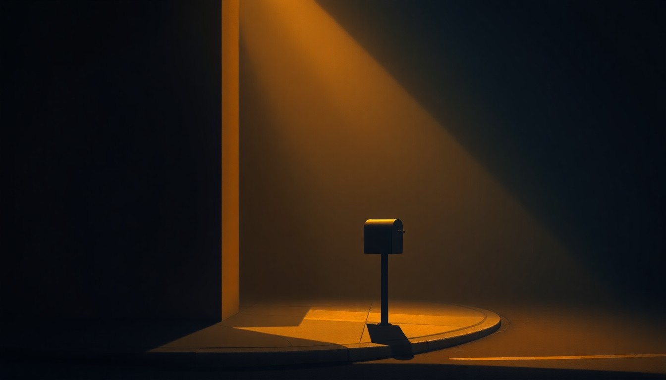 A photorealistic painting of a lone mailbox on a shadowy urban street, with warm sunlight casting dramatic diagonal shadows across the scene, conveying a sense of contemplation and civic responsibility.