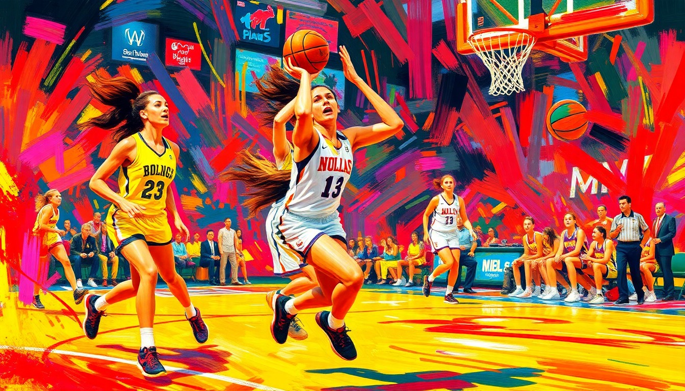 An abstract, expressionist painting in neon colors depicting the dynamic movement and energy of a women's basketball game, with figures and details dissolving into vibrant brushstrokes.