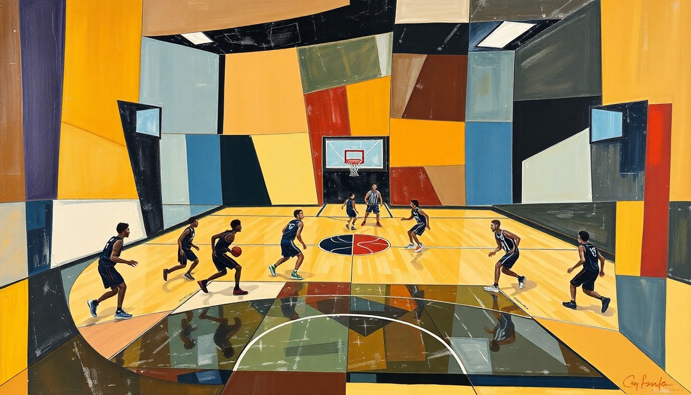 A fragmented, geometric painting depicting the movements and lines of a high school basketball game, rendered in an abstract cubist style.