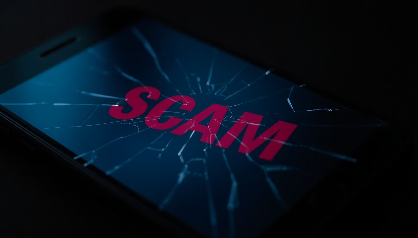 An extreme close-up photograph of a cracked smartphone screen reflecting a distorted, shadowy image, conceptually representing the vulnerability of personal information to scammers.