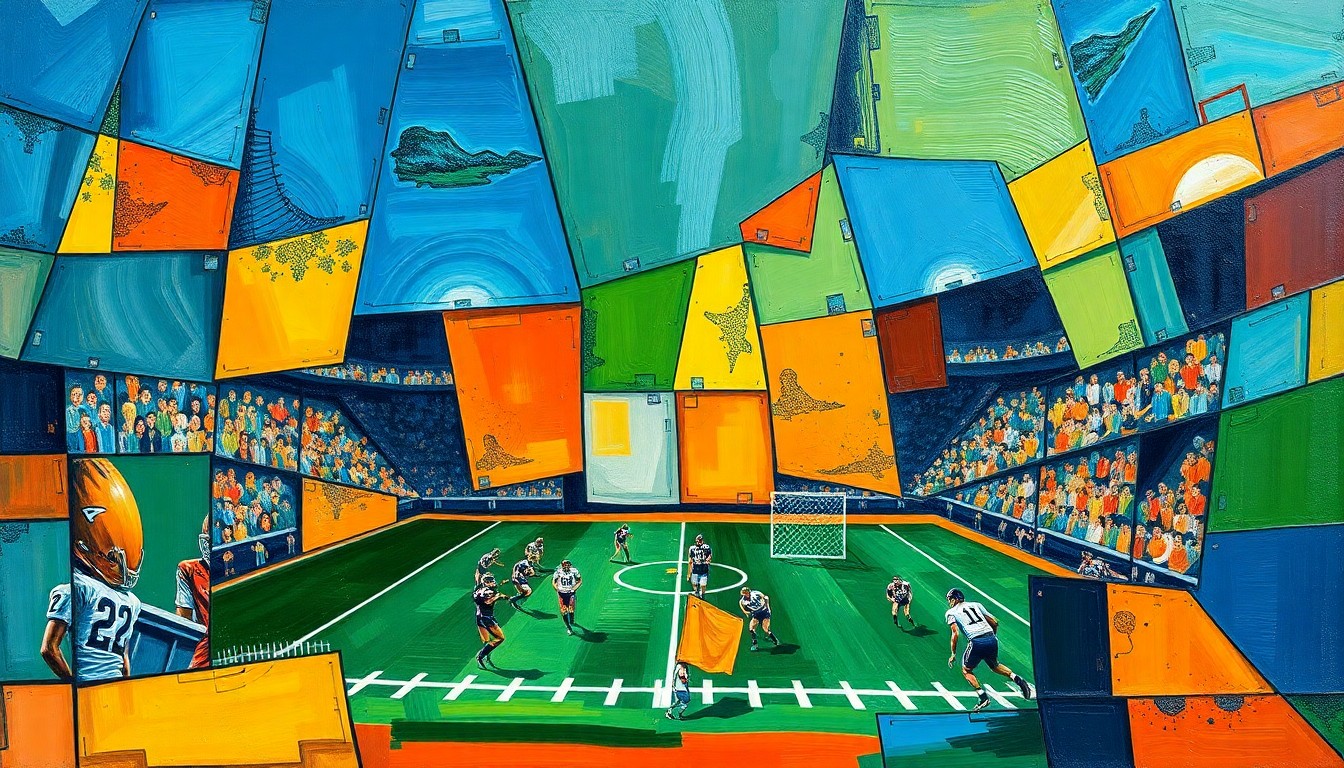 A fragmented, geometric painting in bold, contrasting colors depicts the chaotic energy and multi-faceted nature of the NFL Draft.