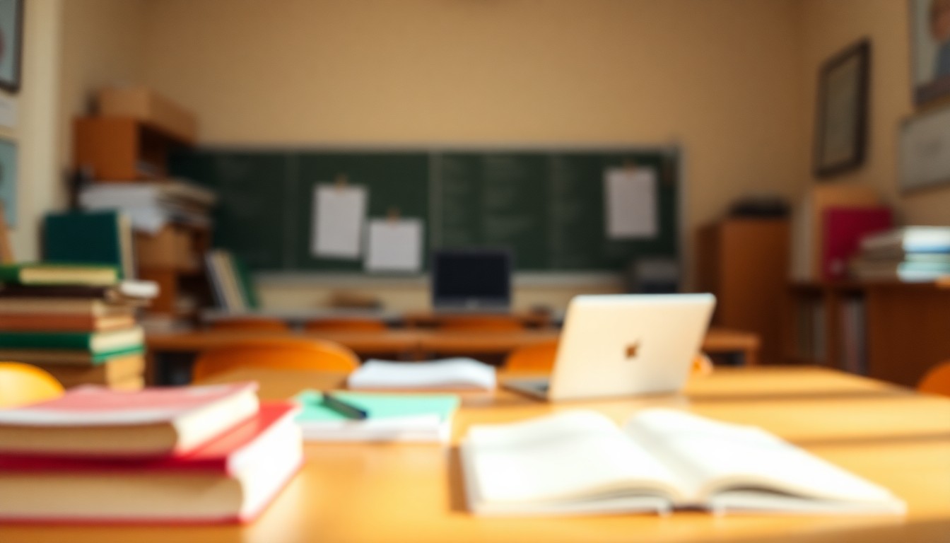 An out-of-focus, dreamlike photograph in soft, warm hues depicting the blurred silhouettes of educational materials and technology in a cozy, home-based learning space.