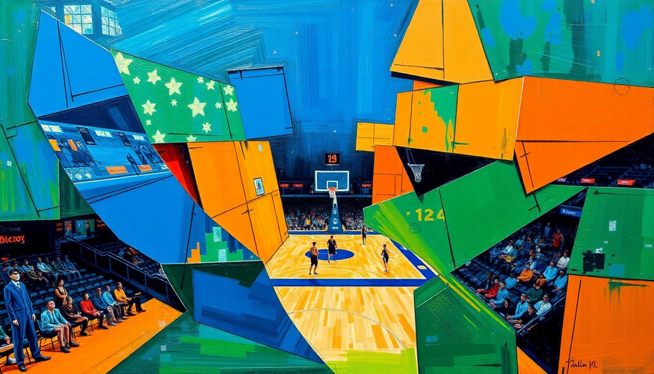 A cubist, geometric painting depicting a fragmented basketball game, with sharp, overlapping planes of color representing the complex dynamics of the team's struggles and the need for a new strategic vision.