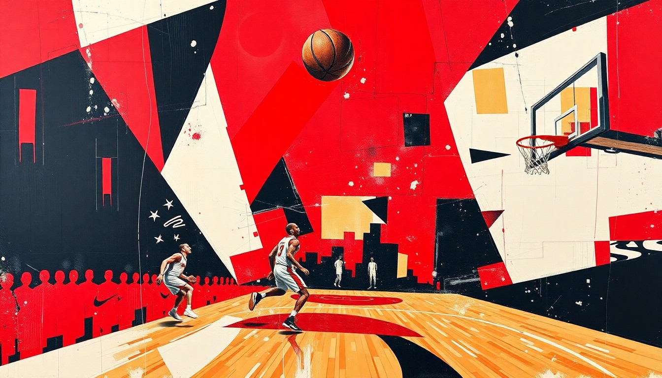 A cubist-style painting featuring fragmented geometric shapes in the colors of the Chicago Bulls, representing the team's basketball game in an abstract, deconstructed manner.