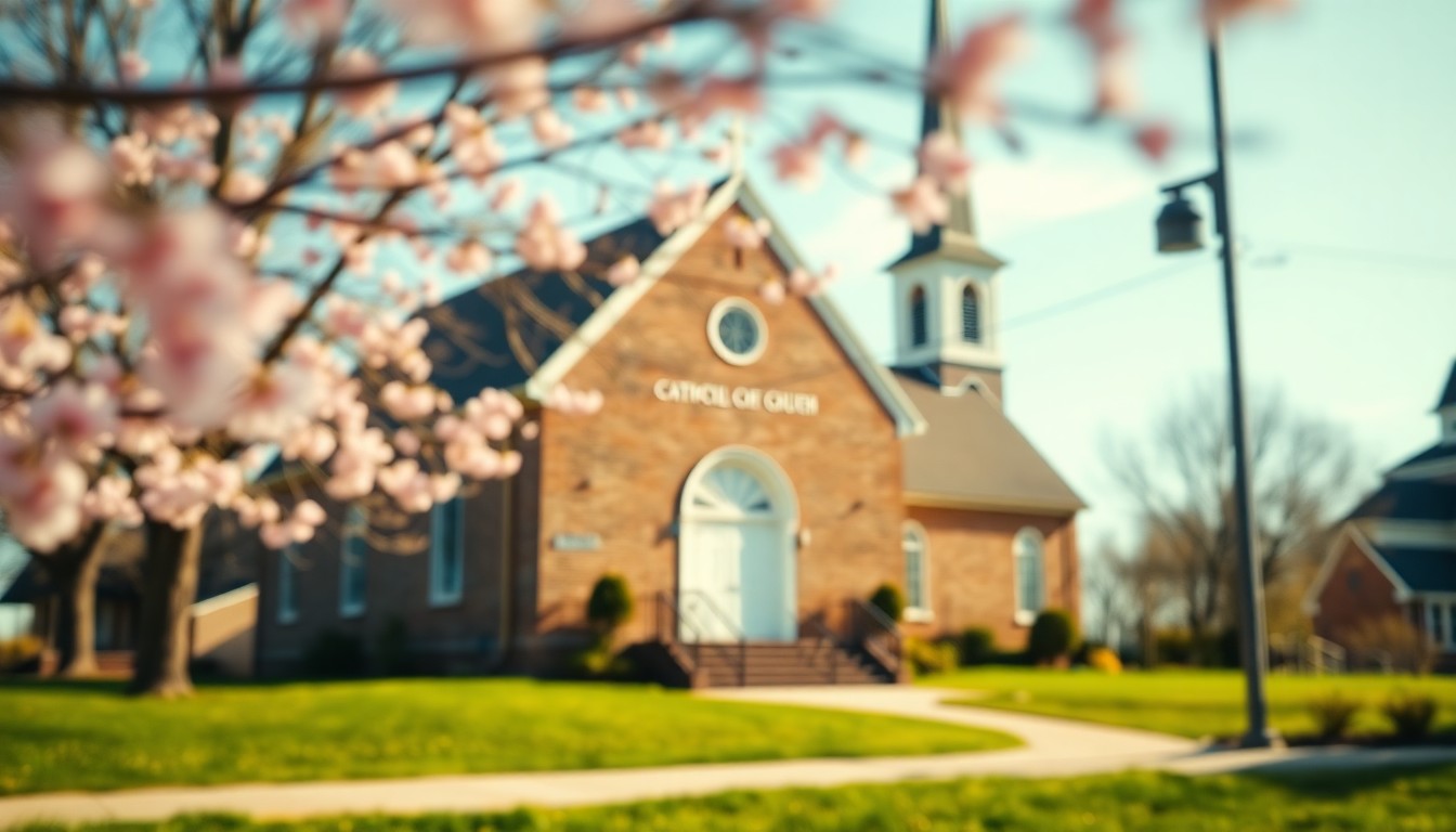 An extremely abstracted, out-of-focus photograph of a small-town church, with soft pools of warm light and color creating a sense of reverence and community.
