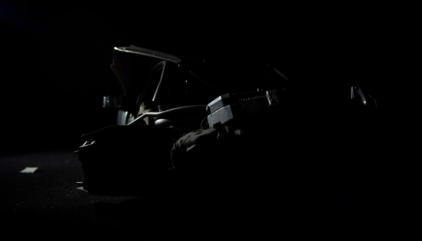 An extreme close-up photograph of a damaged vehicle part or piece of physical evidence from the crash site, lit by a harsh, direct camera flash against a pitch-black background, conveying a stark, gritty, investigative aesthetic.