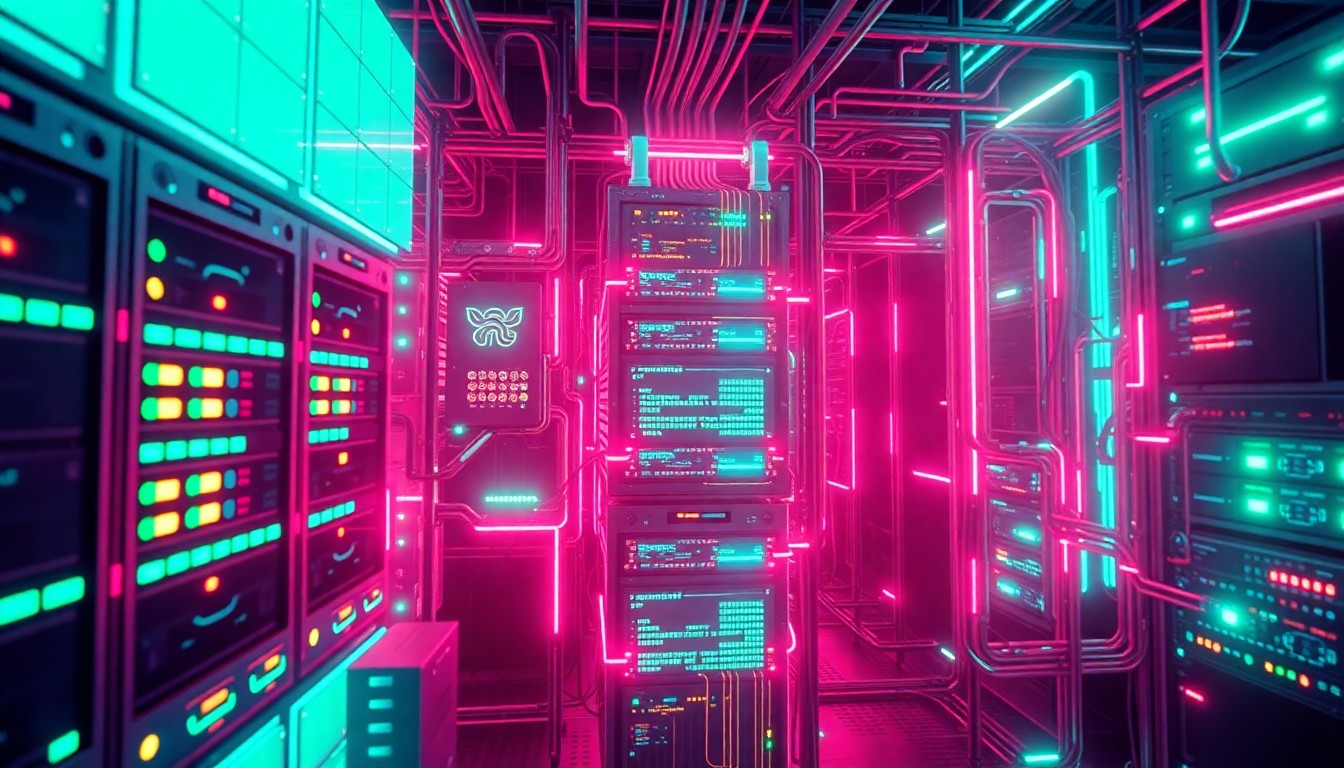 A highly detailed, glowing 3D illustration of a complex network of interconnected digital infrastructure components, including servers, cables, and data storage devices, all illuminated by neon cyan and magenta lights, conceptually representing the critical importance of robust, secure digital foundations for powering the future of federal AI.