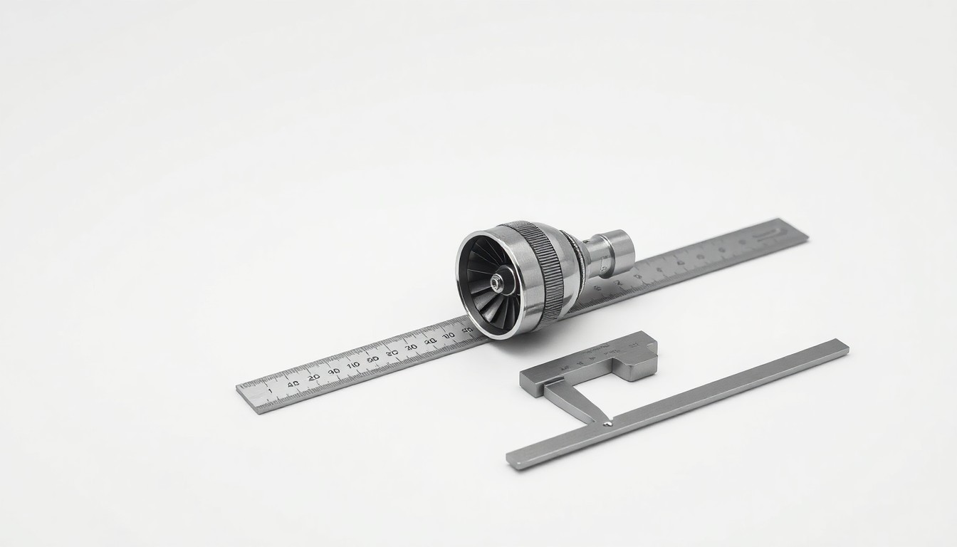 A photorealistic studio still life featuring a polished metal aircraft engine component, a sleek aluminum ruler, and a brushed steel caliper, conceptually representing the precision and technical innovation of the aerospace industry.