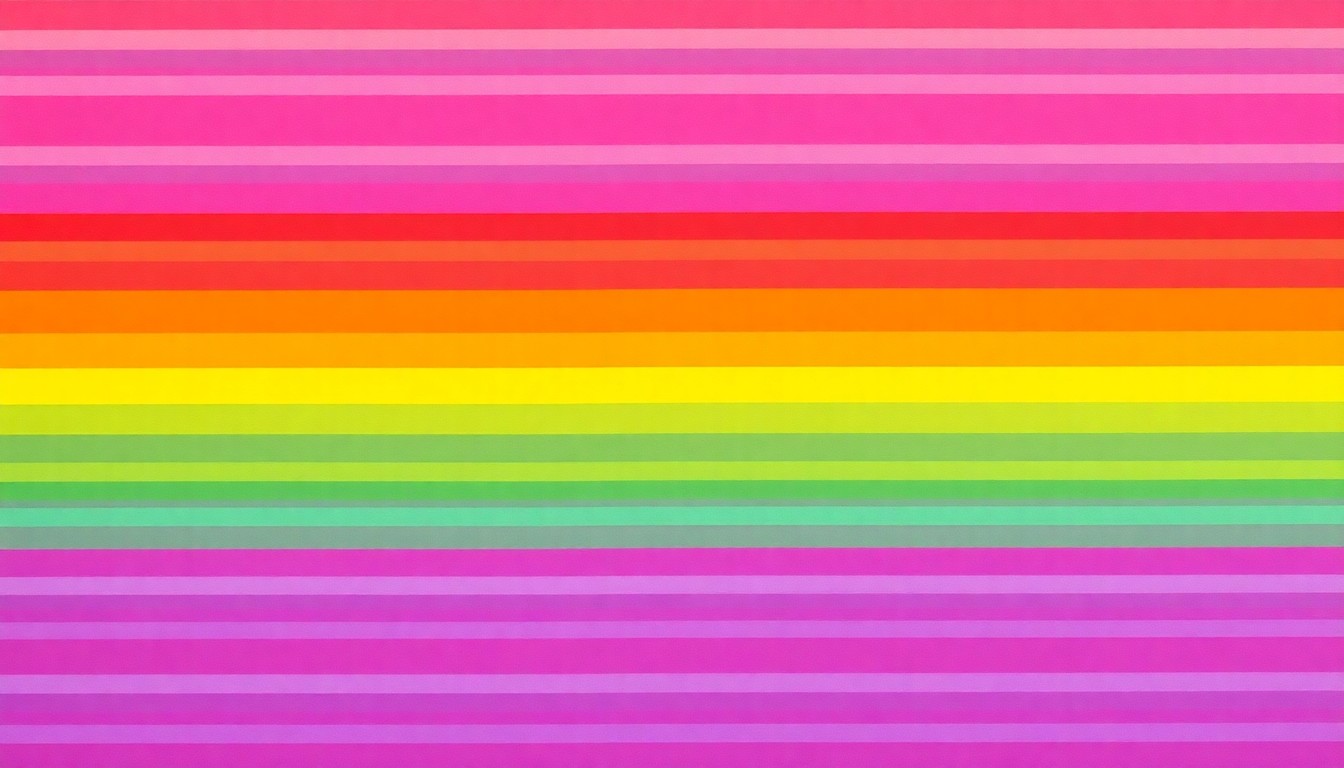 A high-contrast, brightly colored silkscreen print featuring a repeating pattern of a rainbow flag, conceptually representing the celebration of LGBTQ+ pride and visibility.