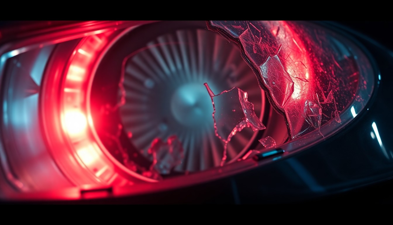 An extreme close-up photograph of a shattered car headlight lens reflecting a faint red glow, conceptually representing the aftermath of a violent highway collision.