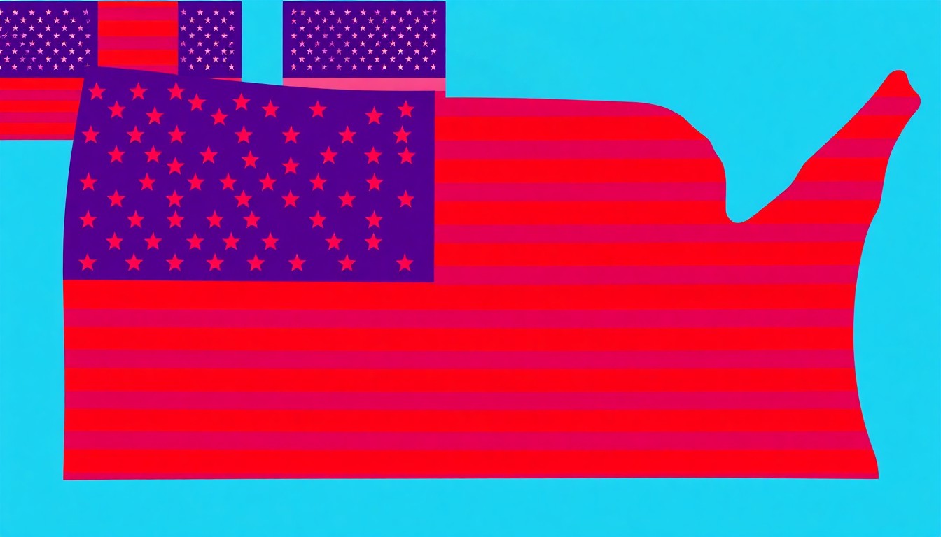 A bold, colorful silkscreen print featuring a repeated American flag design in vibrant neon hues, conceptually representing the themes of national identity and community explored in the museum's new exhibit.