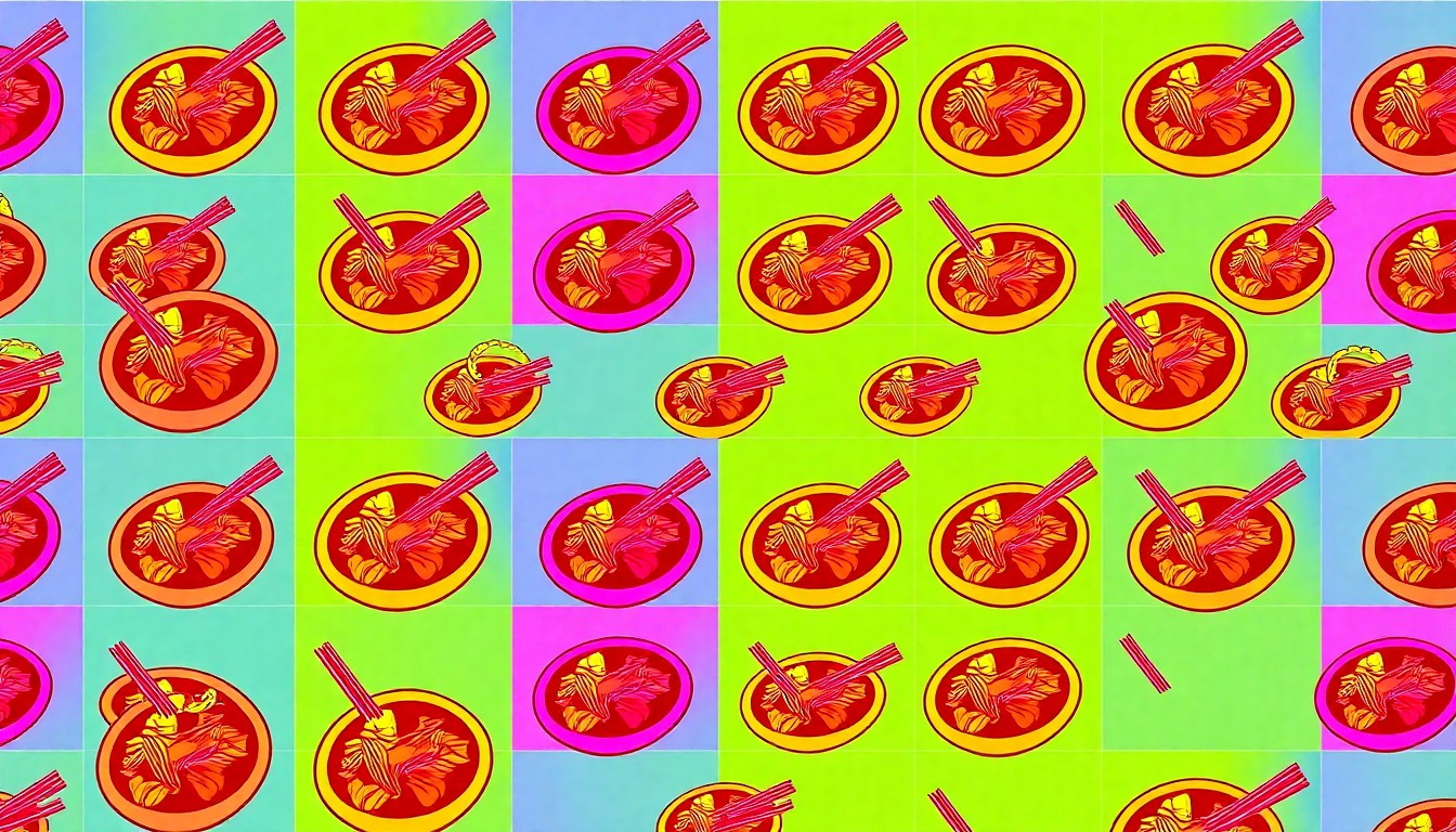 A high-contrast, silkscreen-style grid of a single Thai food item, such as a curry dish or noodle bowl, rendered in vibrant neon colors with heavy black outlines, conceptually representing the modern, artistic take on traditional Thai cuisine at Blue Orchid Thai Kitchen.