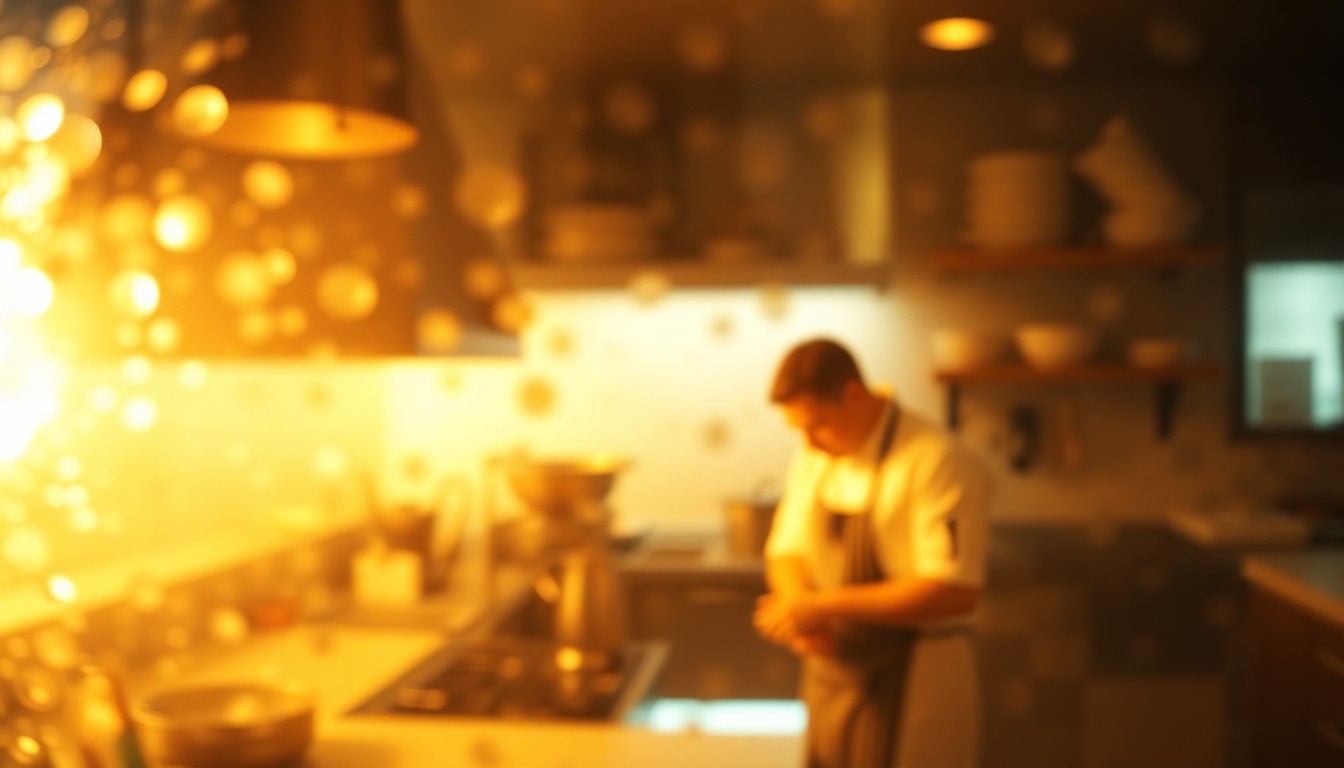 An extremely blurred, out-of-focus photograph depicting a warm, hazy scene of a chef working in a kitchen, with soft pools of light and color filling the frame to create a dreamlike, atmospheric mood.