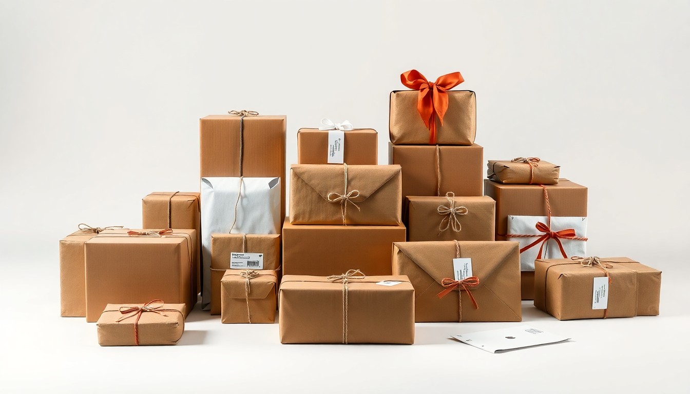 A high-end, photorealistic studio still-life photograph featuring a collection of neatly arranged, premium-looking packages and parcels in various shapes and sizes, representing the diverse and unexpected contents of the Hidden Treasure Mystery Box. The objects are made from polished, raw materials and clean geometric shapes, using sharp, dramatic studio lighting and deep shadows to symbolize the mystery and intrigue of the unclaimed mail items.
