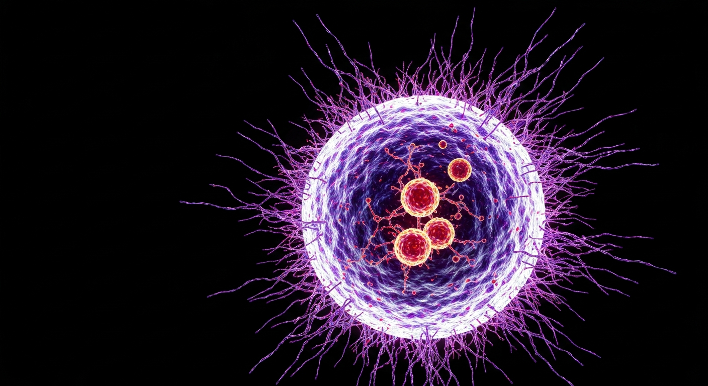 A vibrant, neon-outlined illustration of a human cell or stem cell structure, glowing with energy against a dark background, conceptually representing the innovative anti-aging technology behind Beauty-Stem Biomedical's new product.