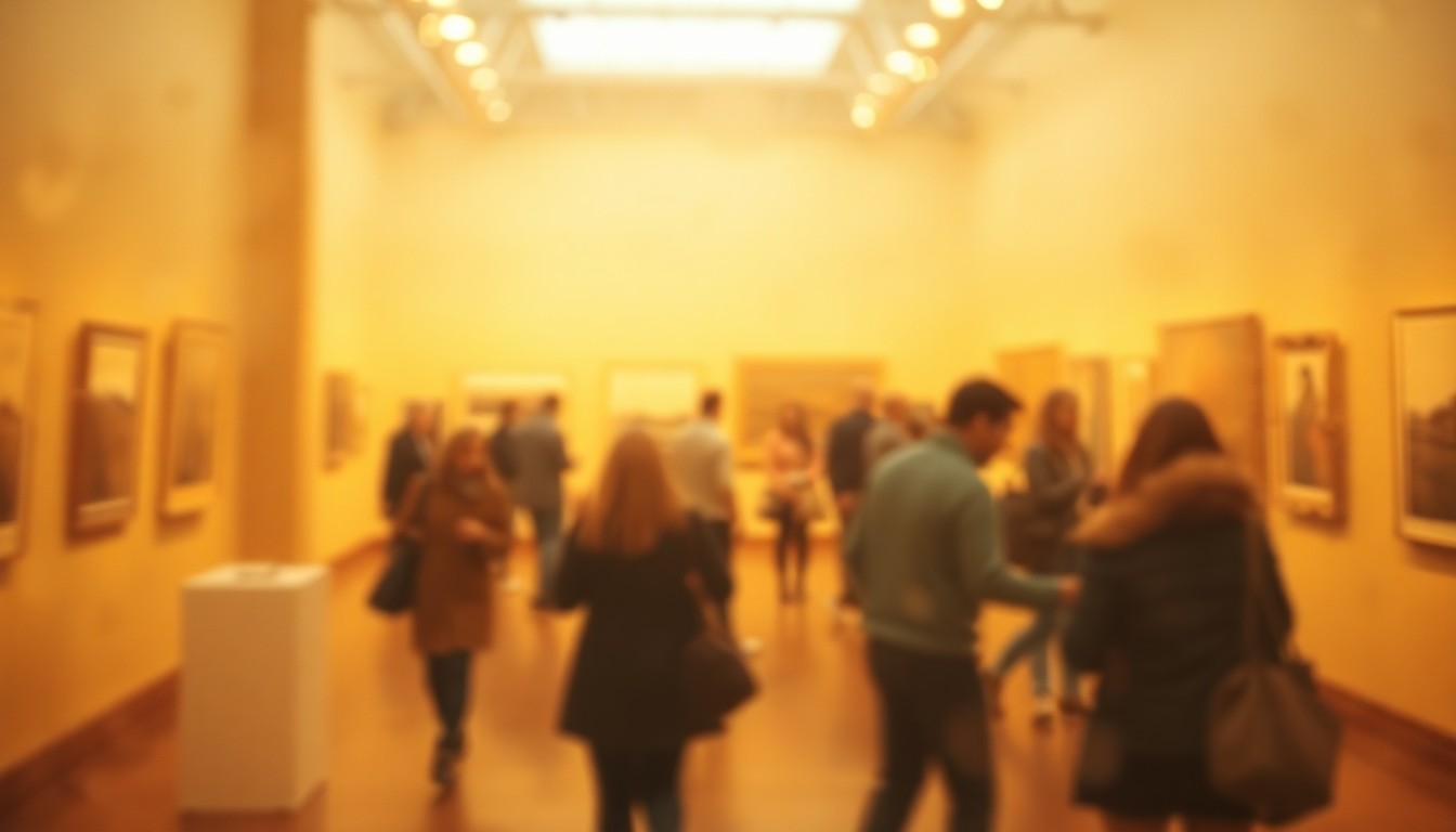 An abstract, impressionistic scene of museum visitors examining artwork through a hazy, out-of-focus lens, conveying the mood of community engagement with the arts.