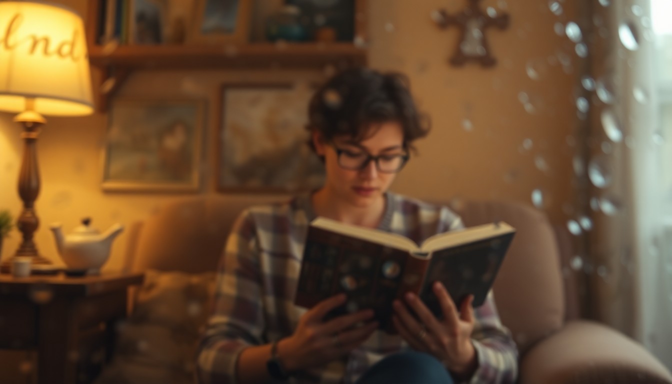 An extremely blurred, dreamlike image of a person sitting in a chair and reading a book, surrounded by soft, warm pools of light and color, conveying a sense of contemplation and resilience.