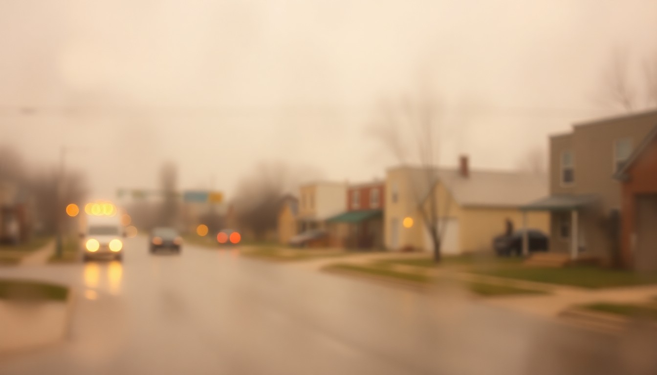 An impressionistic, out-of-focus photograph in warm tones, depicting the blurred shapes and muted colors of a small Midwestern town on a rainy day, conveying a sense of community mourning and remembrance.