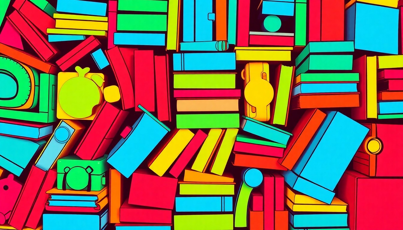 A vibrant, high-contrast silkscreen print featuring a repeating grid of brightly colored children's books and educational toys, capturing the energy and importance of early childhood education programs.