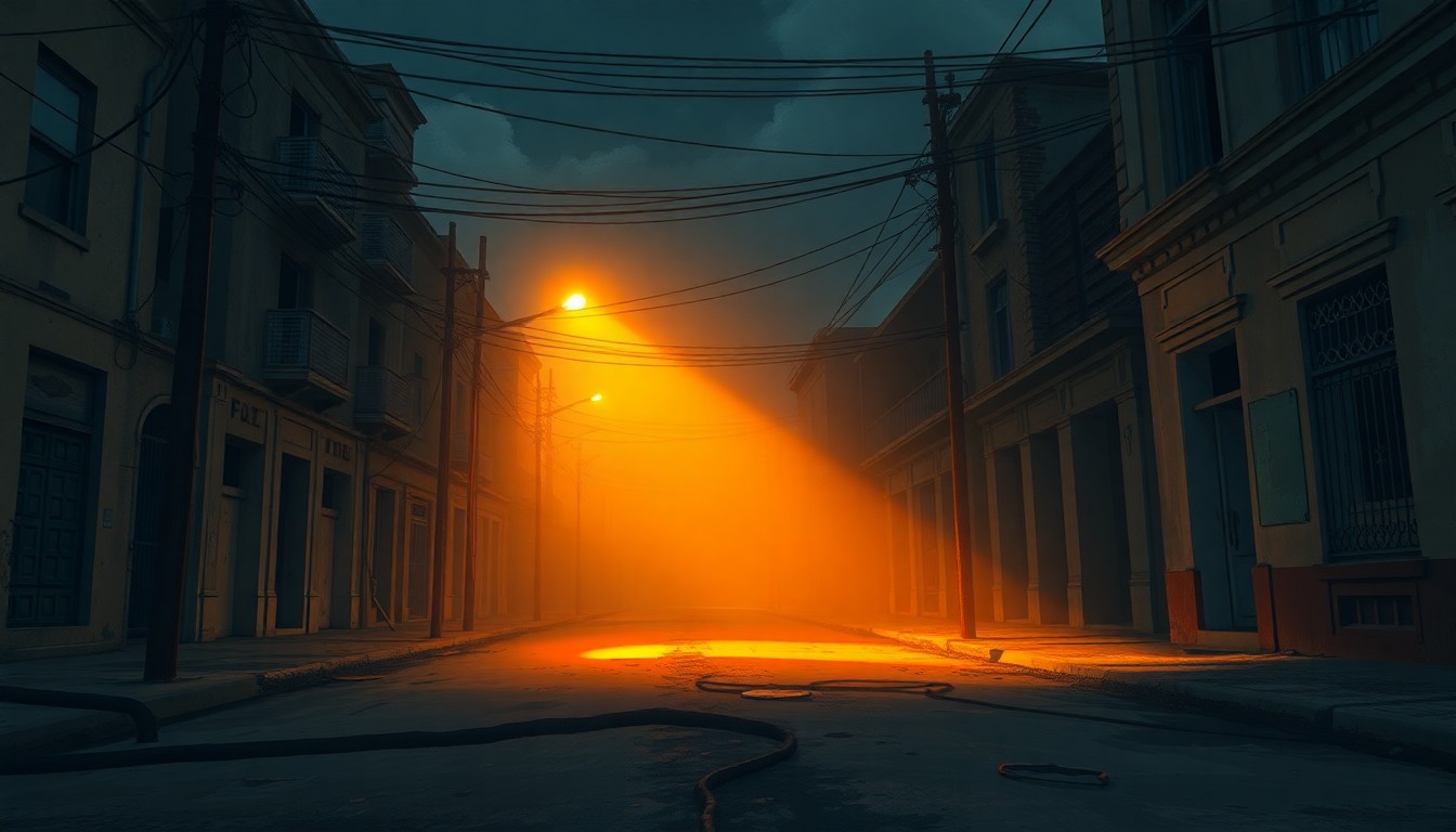 A serene, cinematic painting of a lone street lamp casting warm, diagonal sunlight and deep shadows on a deserted, crumbling urban street, conceptually representing the energy crisis and isolation caused by the US blockade against Cuba.