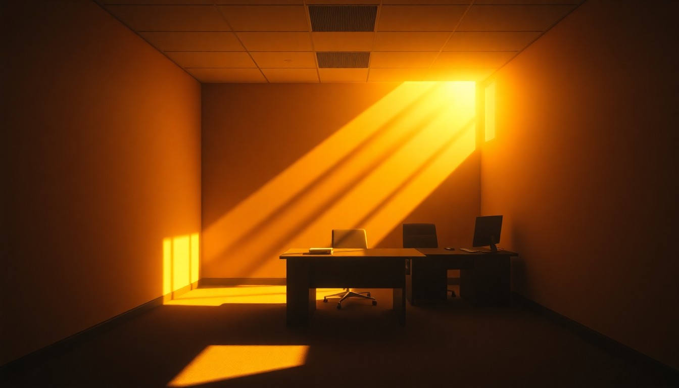 A dimly lit, cinematic government office space with warm sunlight streaming through the blinds, creating a sense of quiet tension and moral uncertainty.