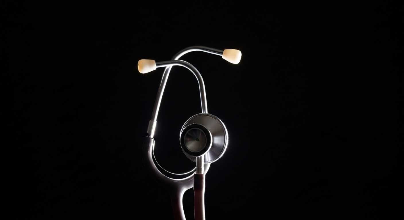 A ghostly, translucent X-ray photograph revealing the internal structure of a stethoscope, its glowing lines and shapes against a dark background, conceptually representing the proposed changes to healthcare policy and administration.