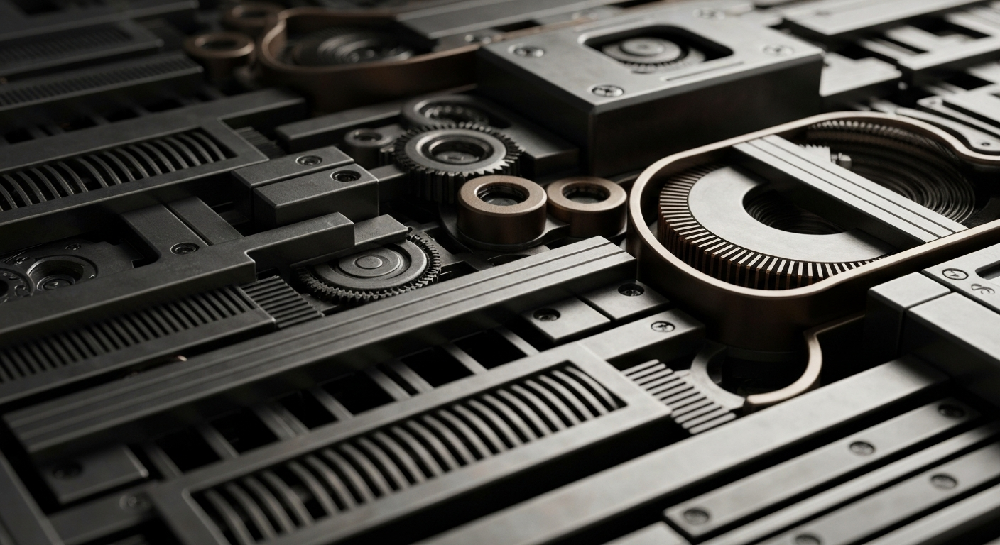 An extreme close-up of a complex array of gears, levers, and metal components, representing the complex financial infrastructure behind Anteris Technologies Global's stock performance.