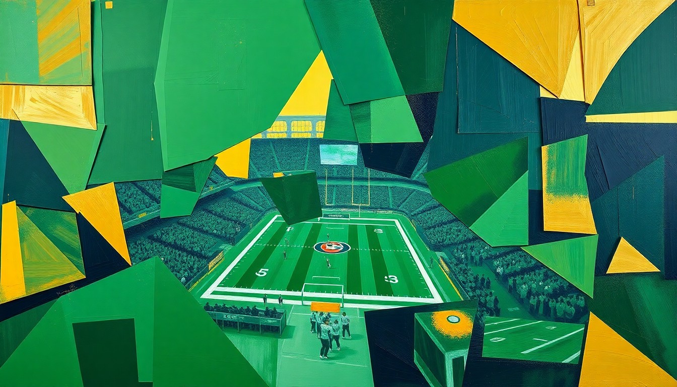 A cubist, geometric painting depicting a fragmented, multi-angled view of a football stadium event, with sharp planes of green, gold, and navy blue overlapping to create an abstract, energetic composition.