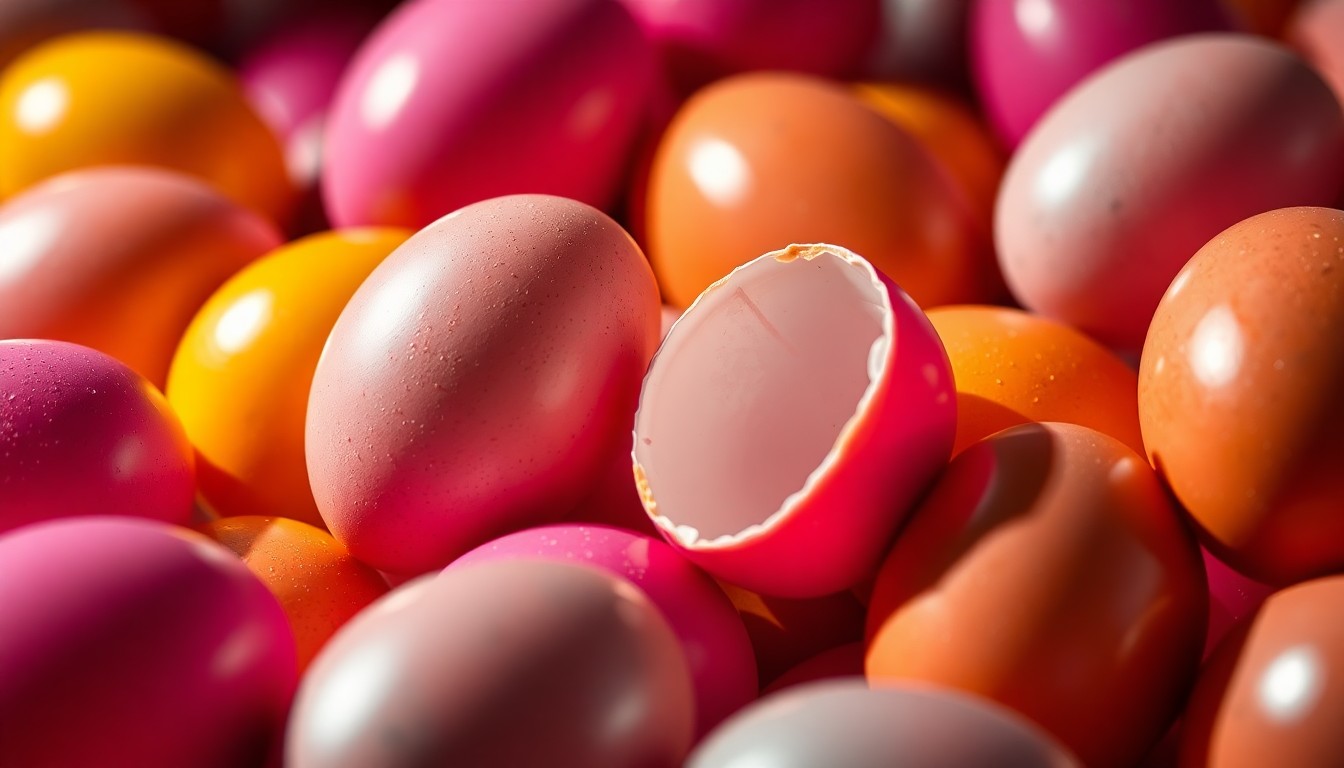 An extreme close-up of brightly colored Easter egg shells, their surfaces reflecting the light in a high-contrast, high-fashion glamour aesthetic.