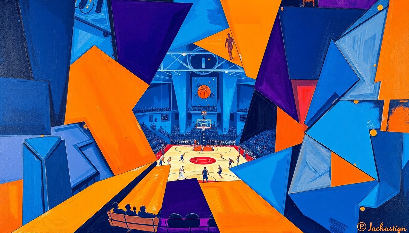 A fragmented, geometric painting depicting the overlapping elements of a college basketball game, with sharp planes of vibrant blue, orange, and purple hues, conceptually representing the complex factors in Scott Drew's coaching decision.