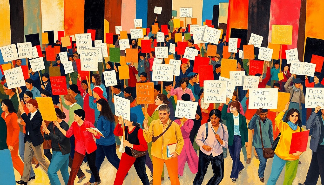 An abstract, geometric painting depicting a crowd of protesters marching, their figures repeated in overlapping, colorful brushstrokes that convey a sense of motion and energy.