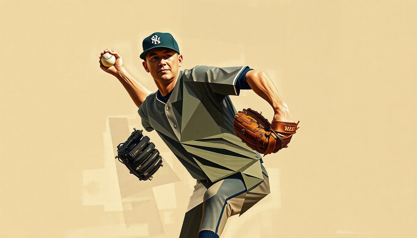 A cubist-style painting depicting a baseball pitcher's motion broken down into sharp, overlapping geometric shapes in muted earth tones, conveying the dynamic energy of the sport.