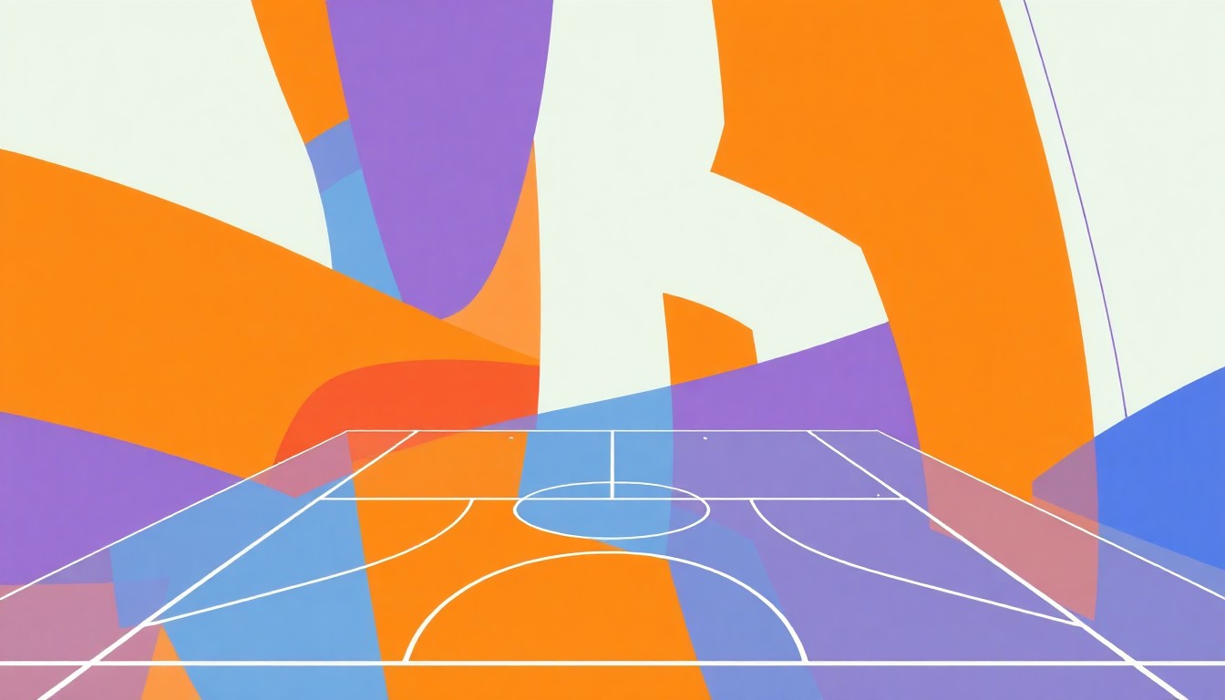 An abstract, geometric illustration featuring overlapping shapes and lines in vibrant shades of orange, blue, and purple, conceptually representing the energy and excitement of regional NBA rivalries and a special sports betting promotion.