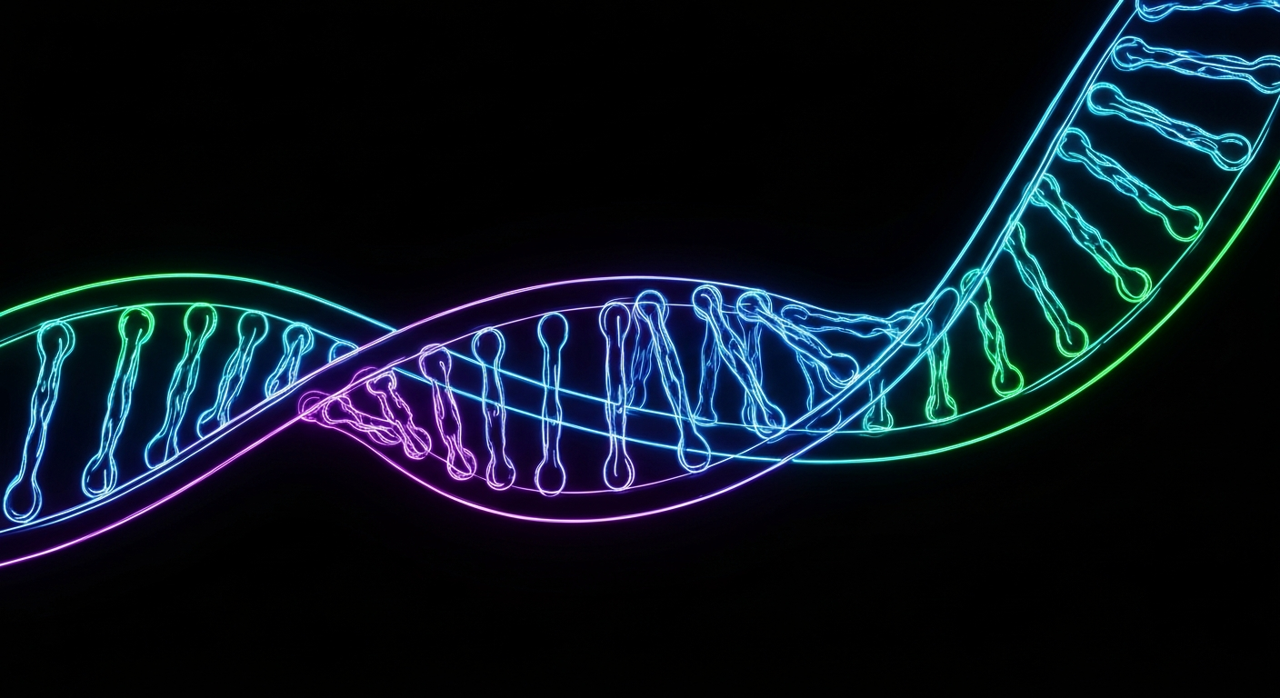 A glowing neon outline of a microscopic cell structure, such as a DNA helix or a cancer cell, against a deep black background, conceptually representing the complex relationship between microbes, genes, and cancer.