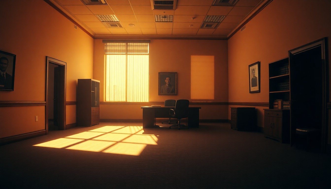 A dimly lit, cinematic government office space with empty desks and chairs, the warm sunlight casting long shadows that create a sense of unease and the aftermath of a scandal.