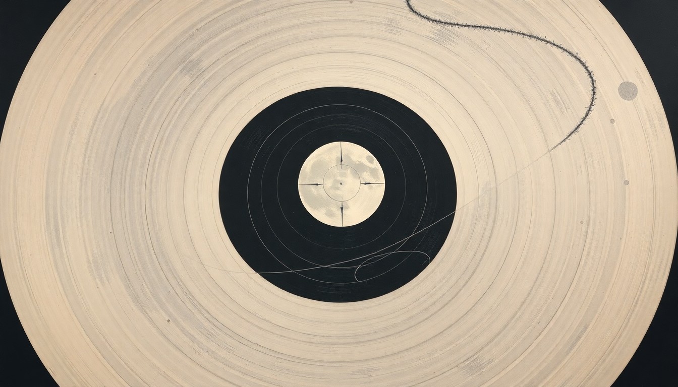 A vibrant, abstract painting in shades of blue, green, and orange, featuring sweeping geometric arcs and concentric circles, conceptually representing the Artemis II mission's trajectory around the Moon.