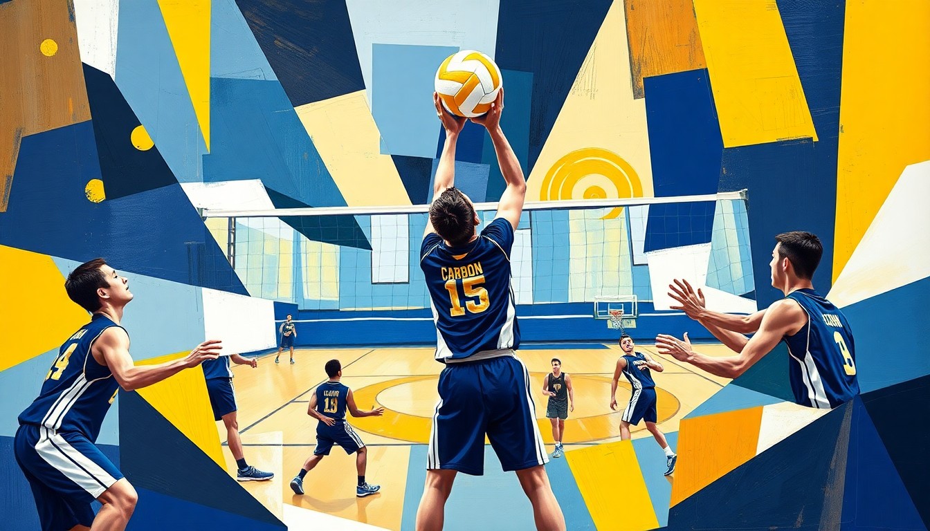 A cubist, geometric painting depicting a boys volleyball match, with sharp, overlapping planes of navy blue, white, and gold representing the Carbon High School team colors and uniforms.