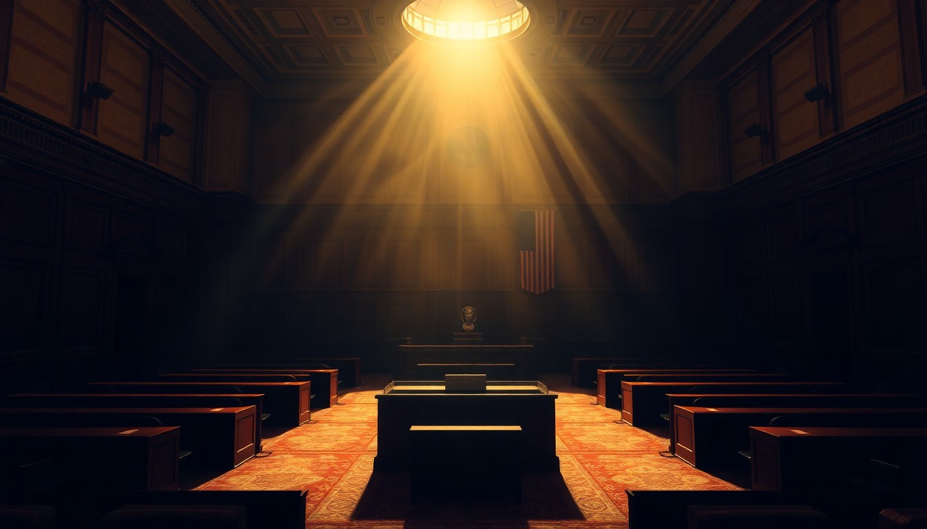 A dimly lit, cinematic interior space with a lone desk and chair, casting long shadows across the floor and walls, conveying a sense of political unease and unresolved questions.
