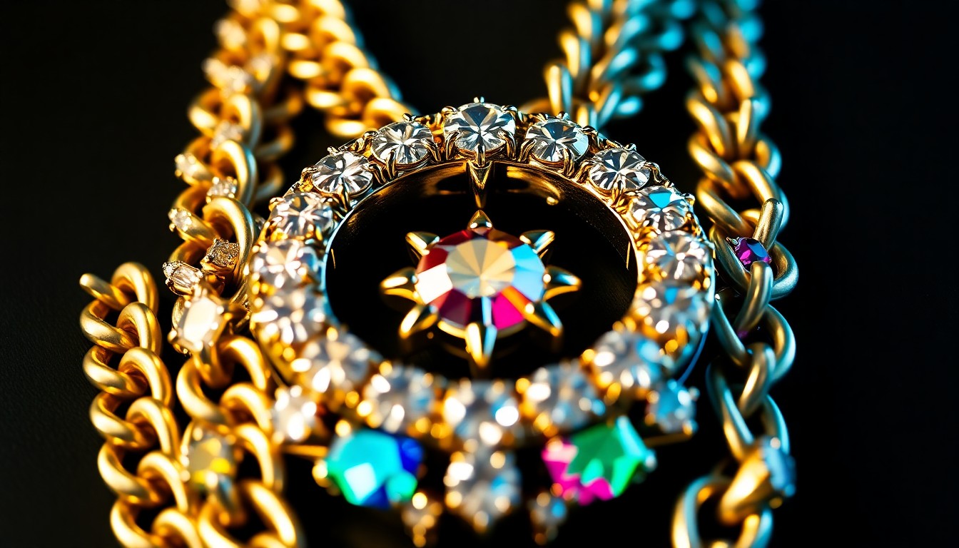 An extreme close-up of a diamond-encrusted chain necklace with colorful gemstones, capturing the luxurious and high-fashion aesthetic of the rapper's new jewelry.
